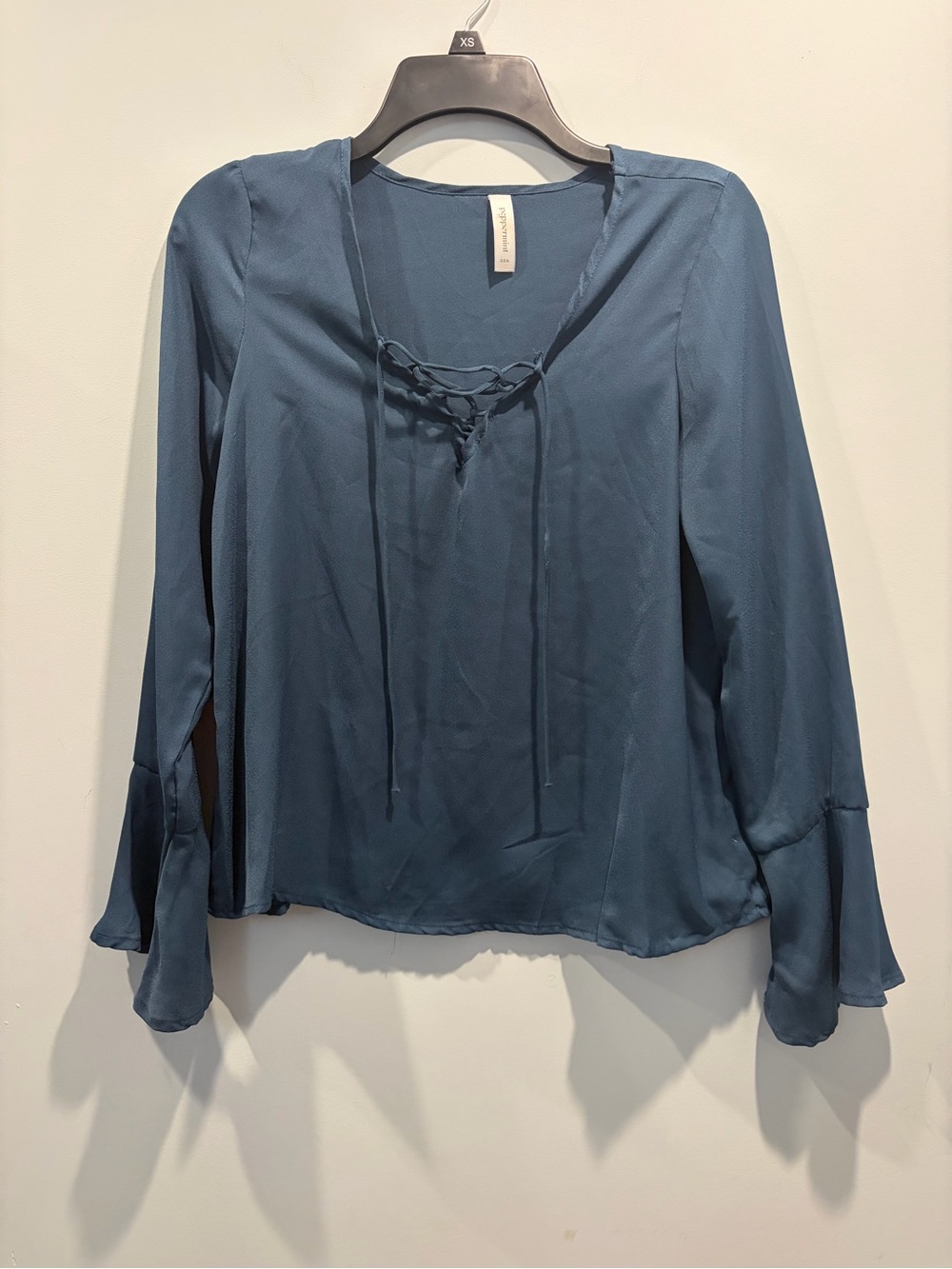 Peppermint Blue Teal Lace-Up Front Bell Sleeve Long Sleeve Blouse Top Sz S